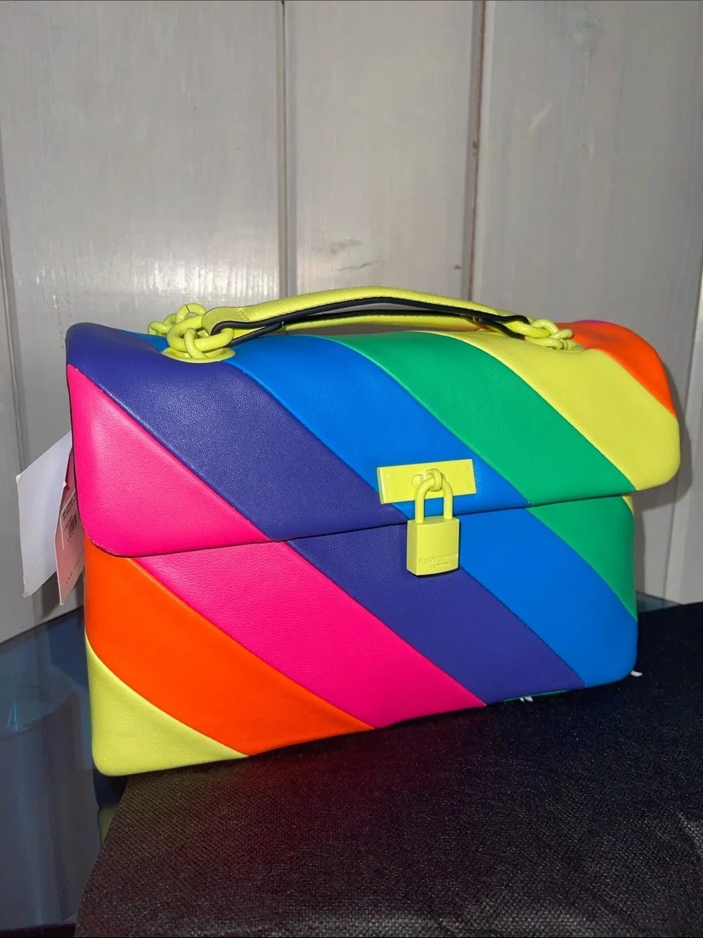 Kurt Geiger London Brixton Lock Multi Color Shoulder Leather Bag Neon Chain NWT - Picture 11 of 12